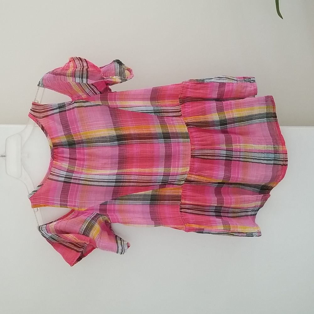 Pink Plaid Madras Open Shoulder Short Sleeved Bohemian Top with Tassel Ties - Picture 7 of 9